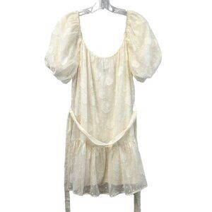 A. Calin Puff Sleeve Belted Shift Dress Ivory Ruffle Hem Size Small Lined